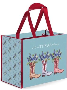 Reusable Tote Bag with Bluebonnet Cowboy Boot Design - Light Blue & Red